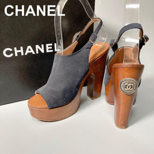 CHANEL Wedge Sandals Wood Logo Suede 22cm no box EU size 35 summer vintage Japan