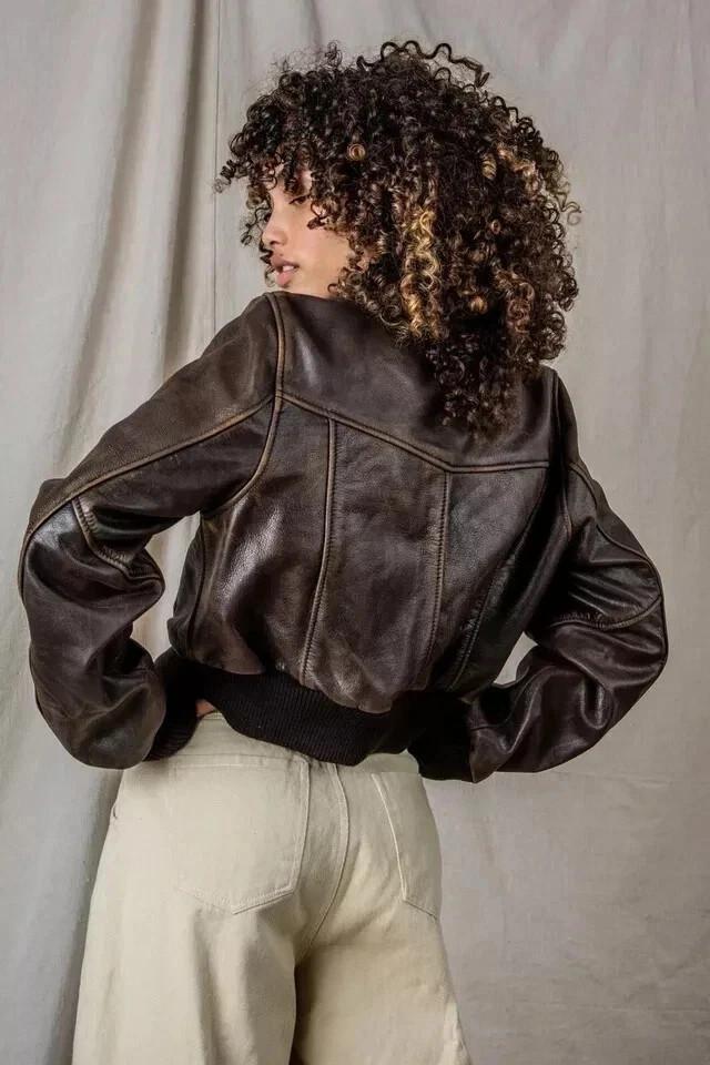 Womens Cropped Leather Jacket Vintage Bomber Leather jacket Oversize Crop Jacket