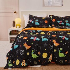 Space Dinosaur Comforter Set for Boys Twin, Cute Quilted Black Printed Beddin...