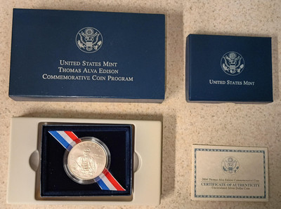 2004  P Thomas Alva Edison Uncirculated Silver Dollar Coin OGP w/ COA