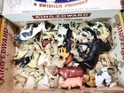 Vintage  Farm Play Set Plastic Animals Cigar Box Full Mostly Smaller Animals 65+