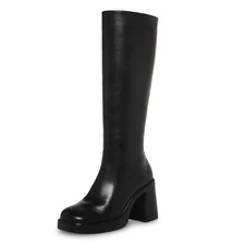 SOVANYOU Black Leather Boots Platform Knee High Boots for Women Chunky Block ...