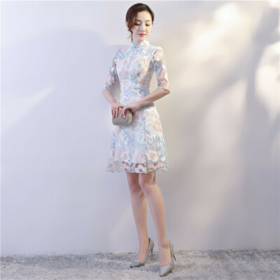 ladies half dress Women Sleeve Qipao Cheongsam Short Lady Slim Party Qipao Dress Butterscotch bridesmaid dress