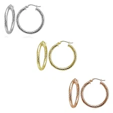 Sterling Silver Tri Color 2.5x25mm Diamond-Cut Polished Hoop Earrings Set of 3