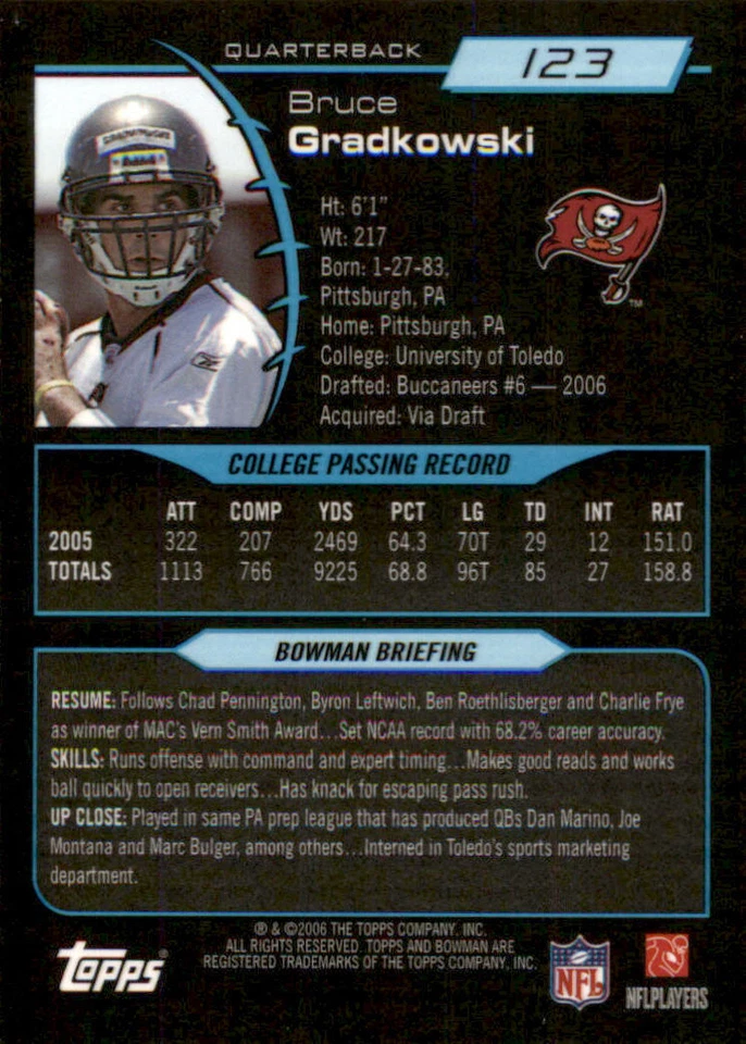 2006 Bowman Gold #123 Bruce Gradkowski - Image 2 of 2