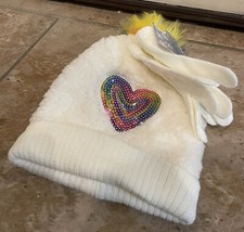 NWT Girls Heart Beanie Hat And Gloves Set White Rainbow Cold Winter One Size