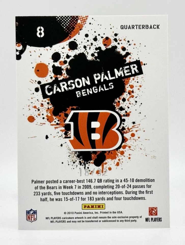 2010 Score NFL Players Artist Proof #8 Carson Palmer 18/32 Cincinnati Bengals - Image 2 of 2