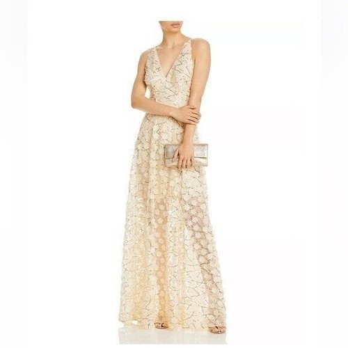 Aqua Raised Floral V Neck Gown Ivory/Gold Gr. 10, Damenkleid