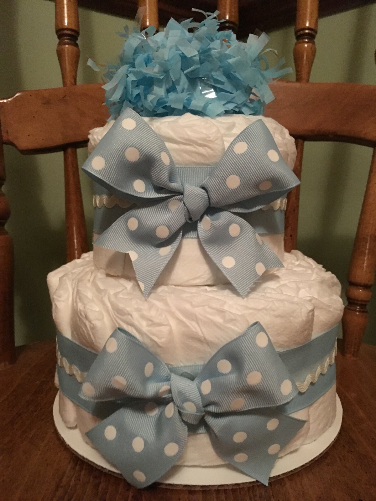 Baby Boy Diaper Cake, 2 tier, Blue Bow, Baby Shower Gift Centerpiece