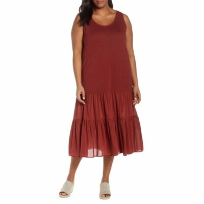 CASLON Red-Orange Mixed Media Drop Waist Ruffle Hem Dress L