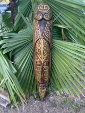 Tribal Primative Wood Mask Wall Plaque Maori Style Tattoo Art 39”x 8" inches