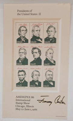  President Jimmy Carter Signed 1986 U.S. Presidential Series Stamp Sheet