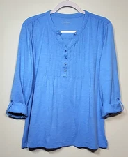 LL Bean Women’s XL Blue Slub Cotton Jersey Roll Tab Sleeve Pintuck Henley Top 