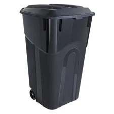 32 Gallon Wheeled Heavy Duty Garbage Can, Attached Lid, Black