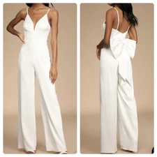 Y2K Lulus Angelic Satin Bow Back Jumpsuit White XS Wedding Party Pantsuit Pants
