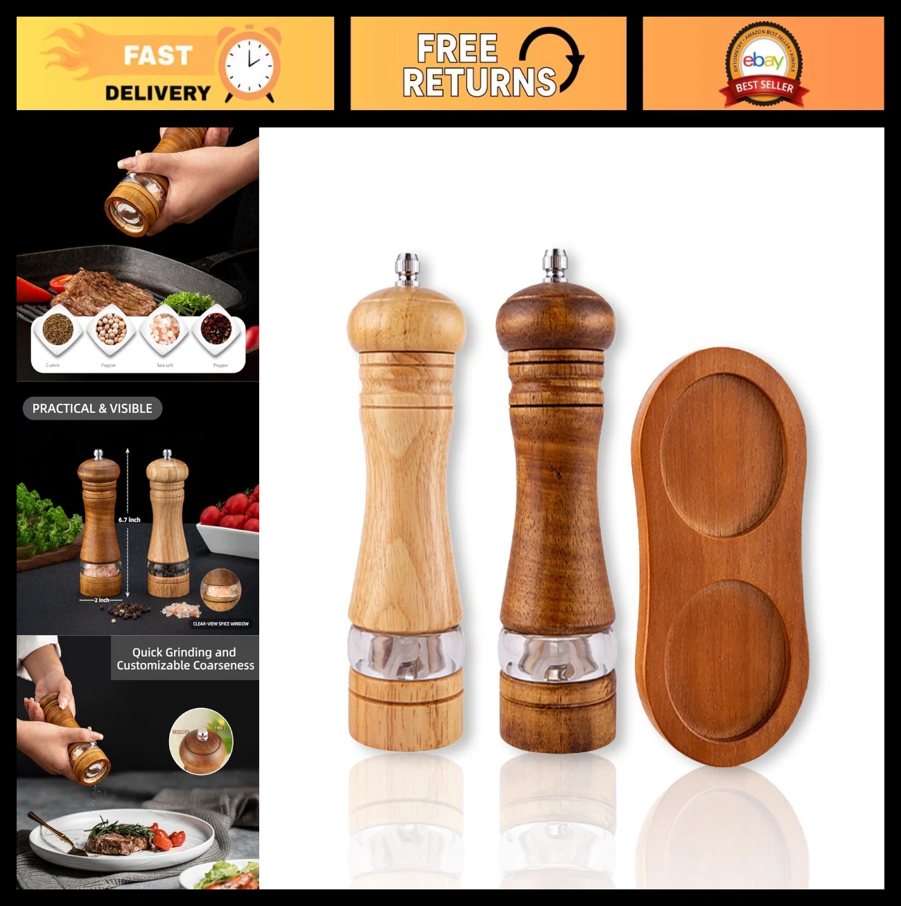 2 Pack Wooden Salt & Pepper Grinders - 6.7" Adjustable Manual Mills Set, Refilla