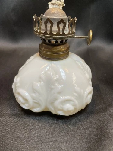 Antique GEM Embossed Milk Glass Miniature Oil Kerosene Lamp Scroll Design 4.5"