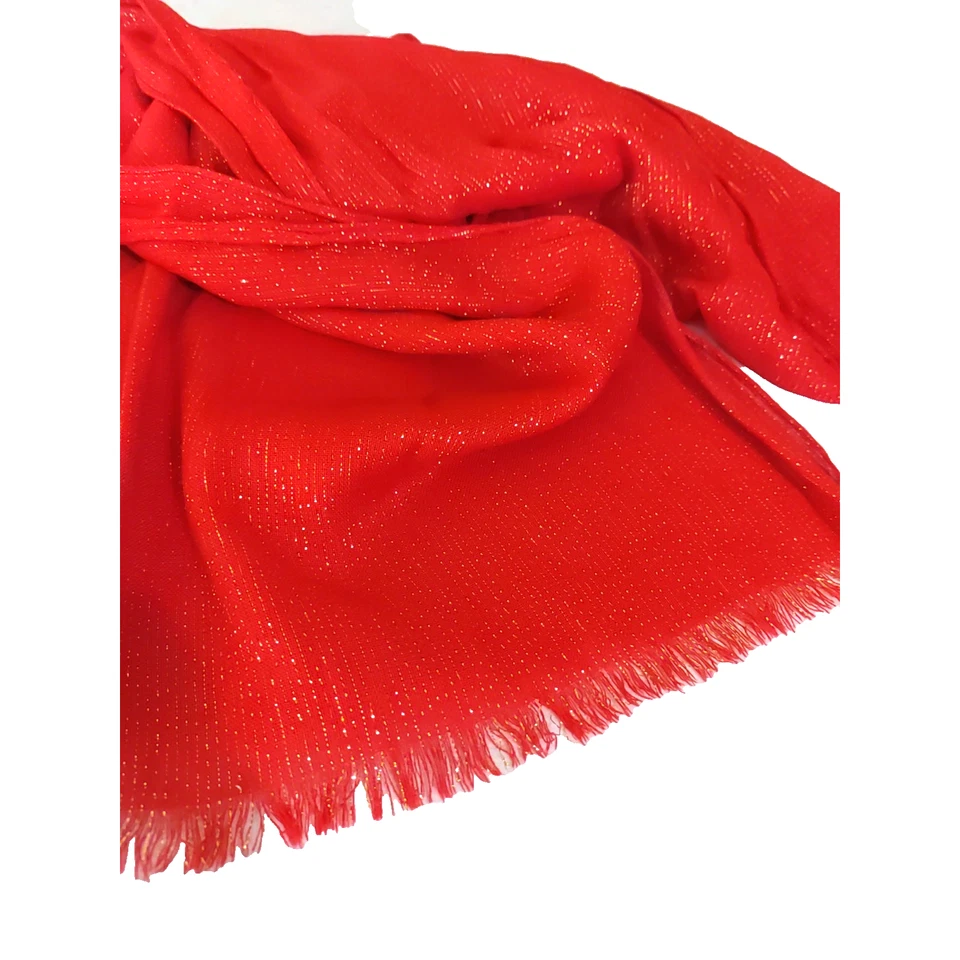 Red Scarf Gold Metallic Thread Rectangle Scarf 68 X 18 Christmas Evening Wear - Image 3 of 4