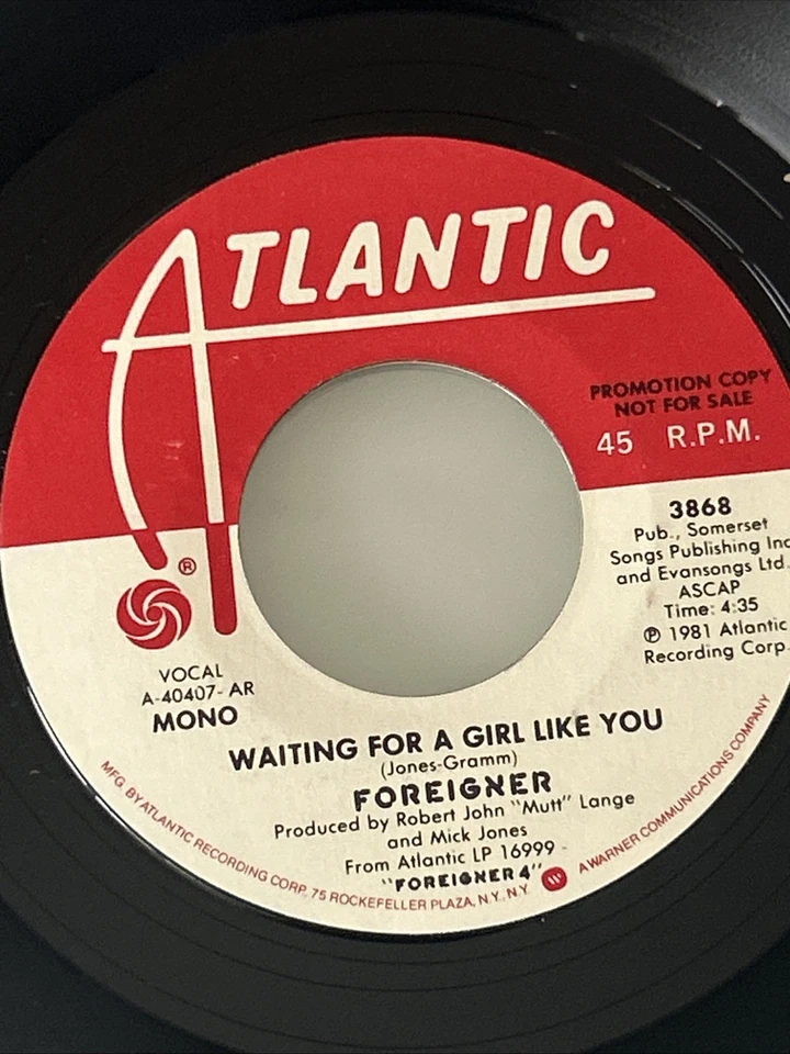 Lot (2) FOREIGNER Cold As Ice & Waiting For A Girl Like You PROMO WHITE LABEL 45 - Image 3 of 4