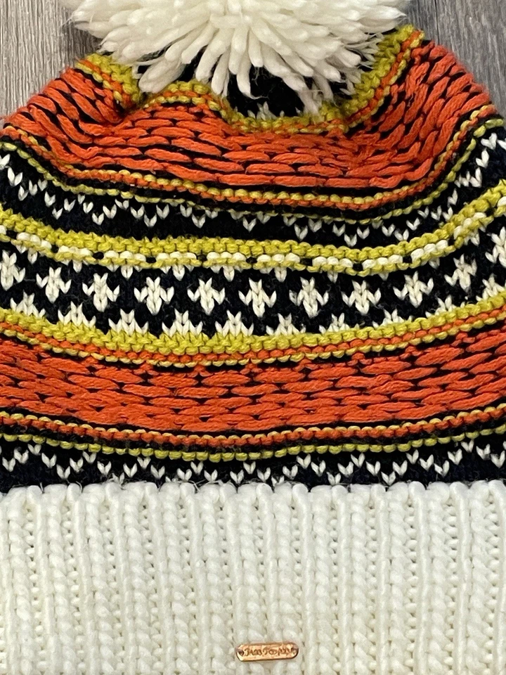 Free People Beanie Knit Fair Isle White, Blue, Orange Pom Pom Winter Hat - Image 2 of 4