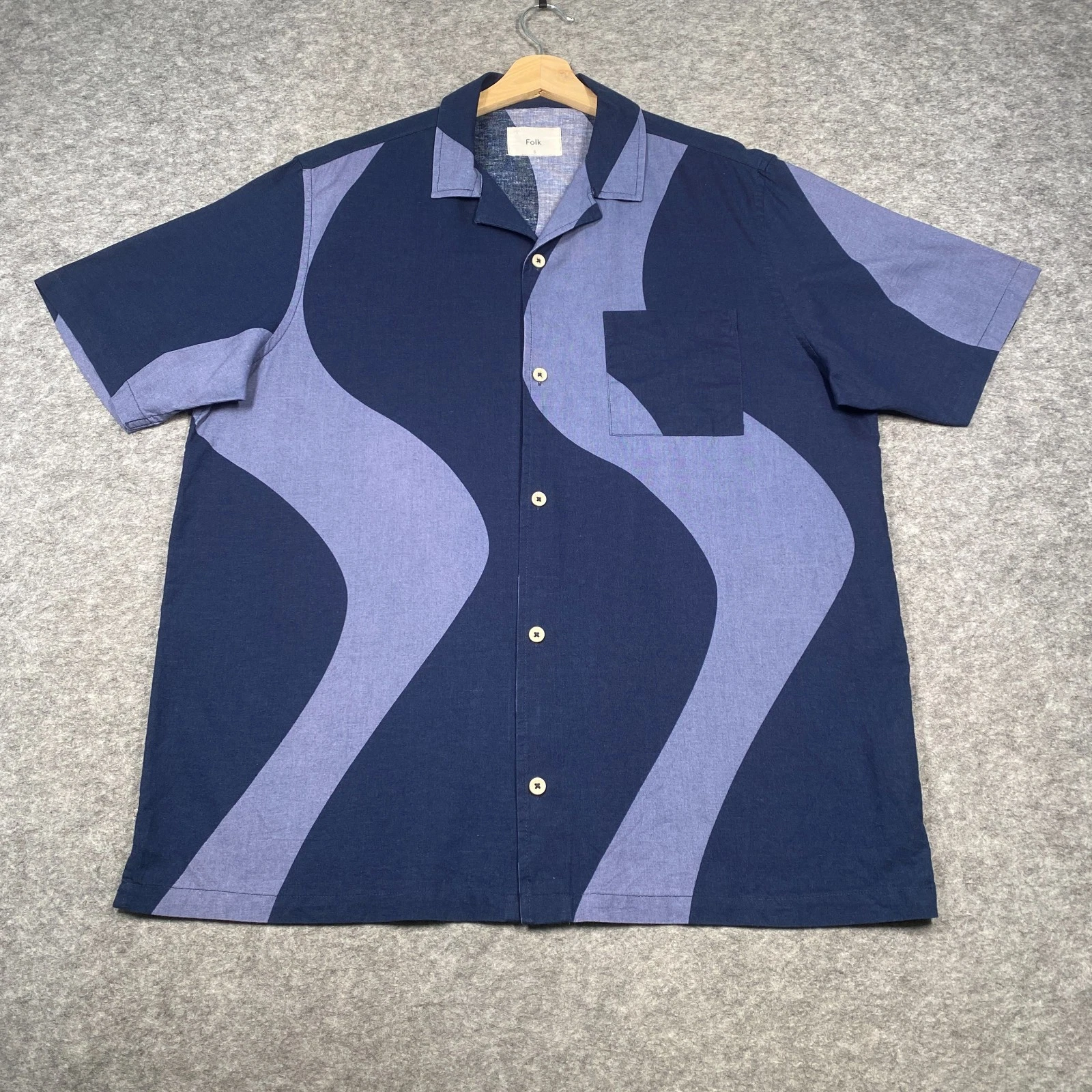 Folk Shirt Mens Size 5 XL Blue Cuban camp Collar Short Sleeved Summer Holiday