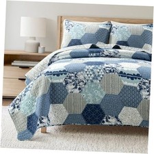 - Quilt Set, 3-Piece Reversible Cotton Bedding Full/Queen Briley Dusty Blue