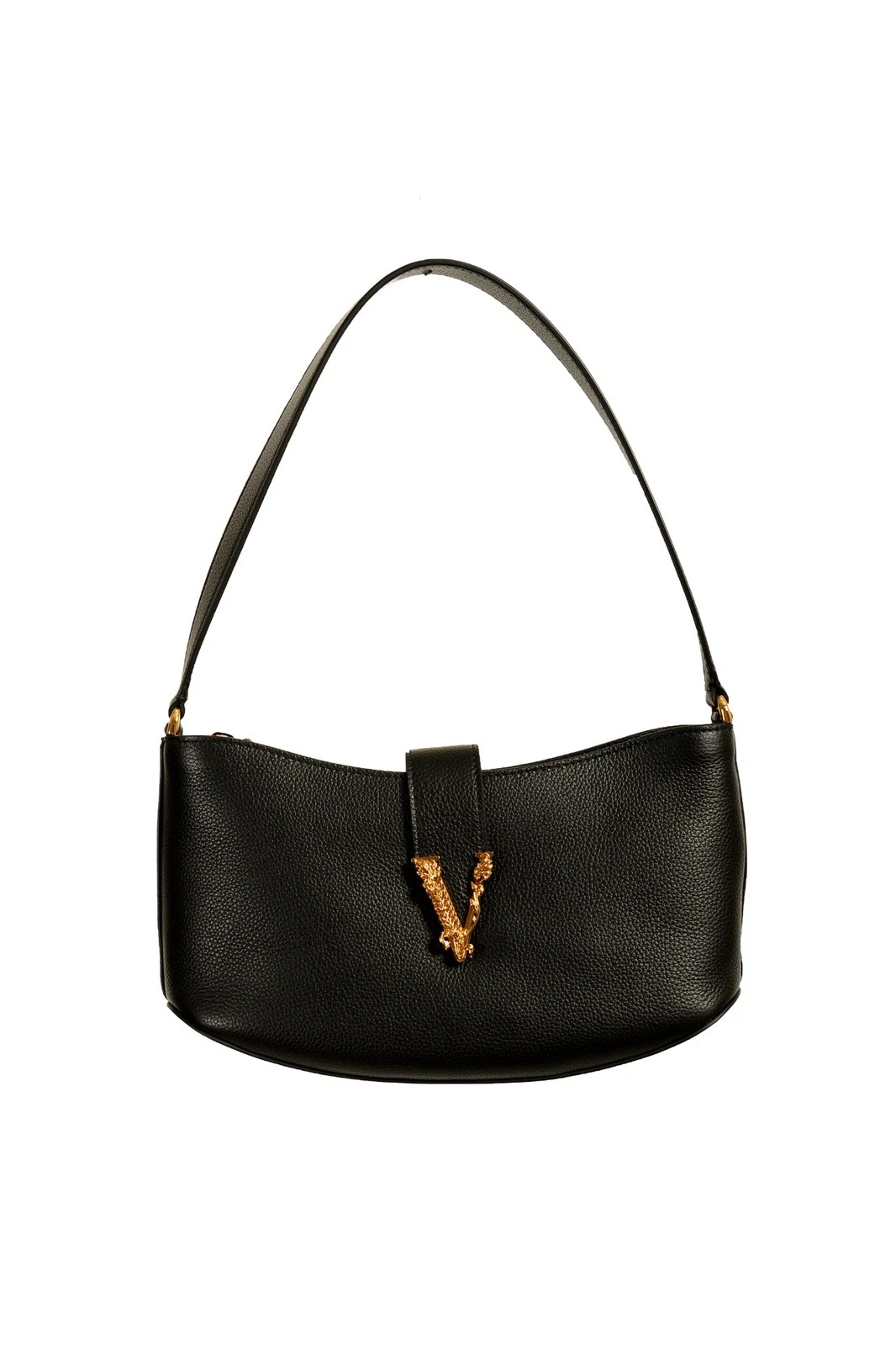 Versace — Versace Black Grained Leather Gold V-Logo Small Handbag Shoulder Bag