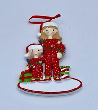 Personalized Single Mom & Son in Matching Red Pajamas Christmas Ornament