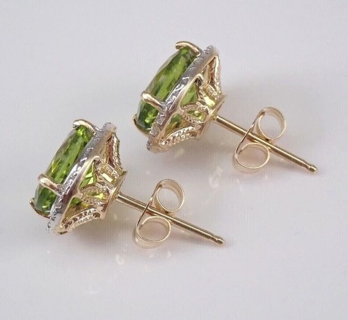 4Ct Oval Cut Natural Green Peridot 14k White Gold Halo Stud Earrings - Picture 3 of 4