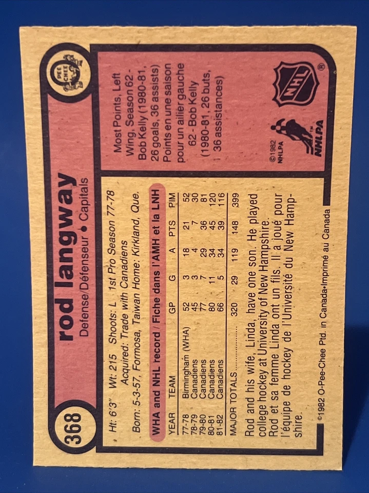 1982-83 O-Pee-Chee Rod Langway Card #368  OPC - Image 2 of 2