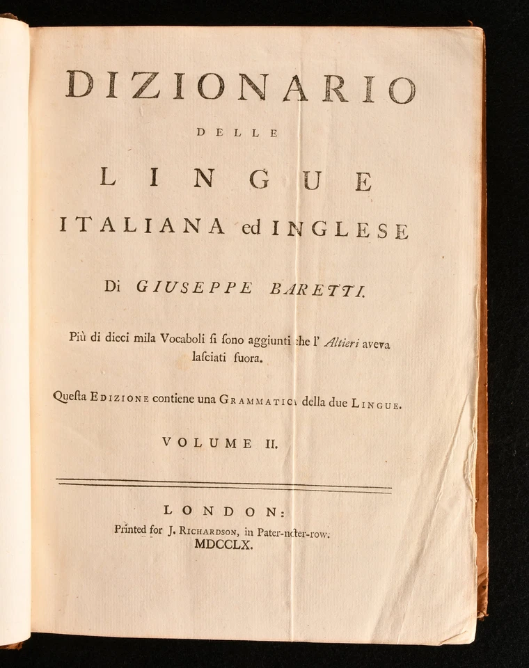 1760 2vol A Dictionary of the English and Italian Languages J Baretti 1st Ed - Image 2 of 4