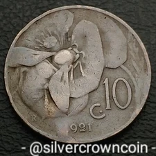 Italy 10 Centesimi 1921 R. KM#60. Ten Cents coin. Honey Bee. Bronze Dime. DDB.