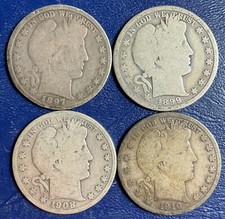 Set Lot 4 FOUR Barber Half Dollars 1897-P 1899-O 1908-S 1910-S silver Coins B368