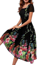 Floryday Dress Black Floral Chiffon Occasion Multilayered Women's UK Size S