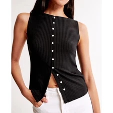 Abercrombie & Fitch Size Small S Black Wide Rib Knit Button-Through Slash Top