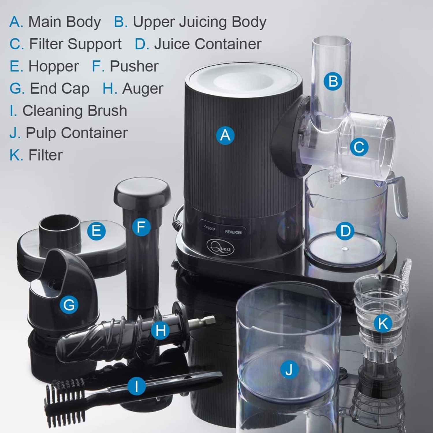 Quest Slow Masticating Juicer Cold Press Quiet <60 dB Motor Accessories Included