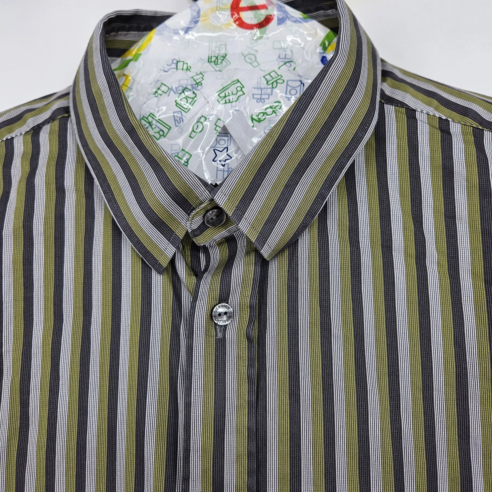 Versace Collezione Abito Camicia Uomo 46 18 5 Verde Grigio Righe Moda Casual