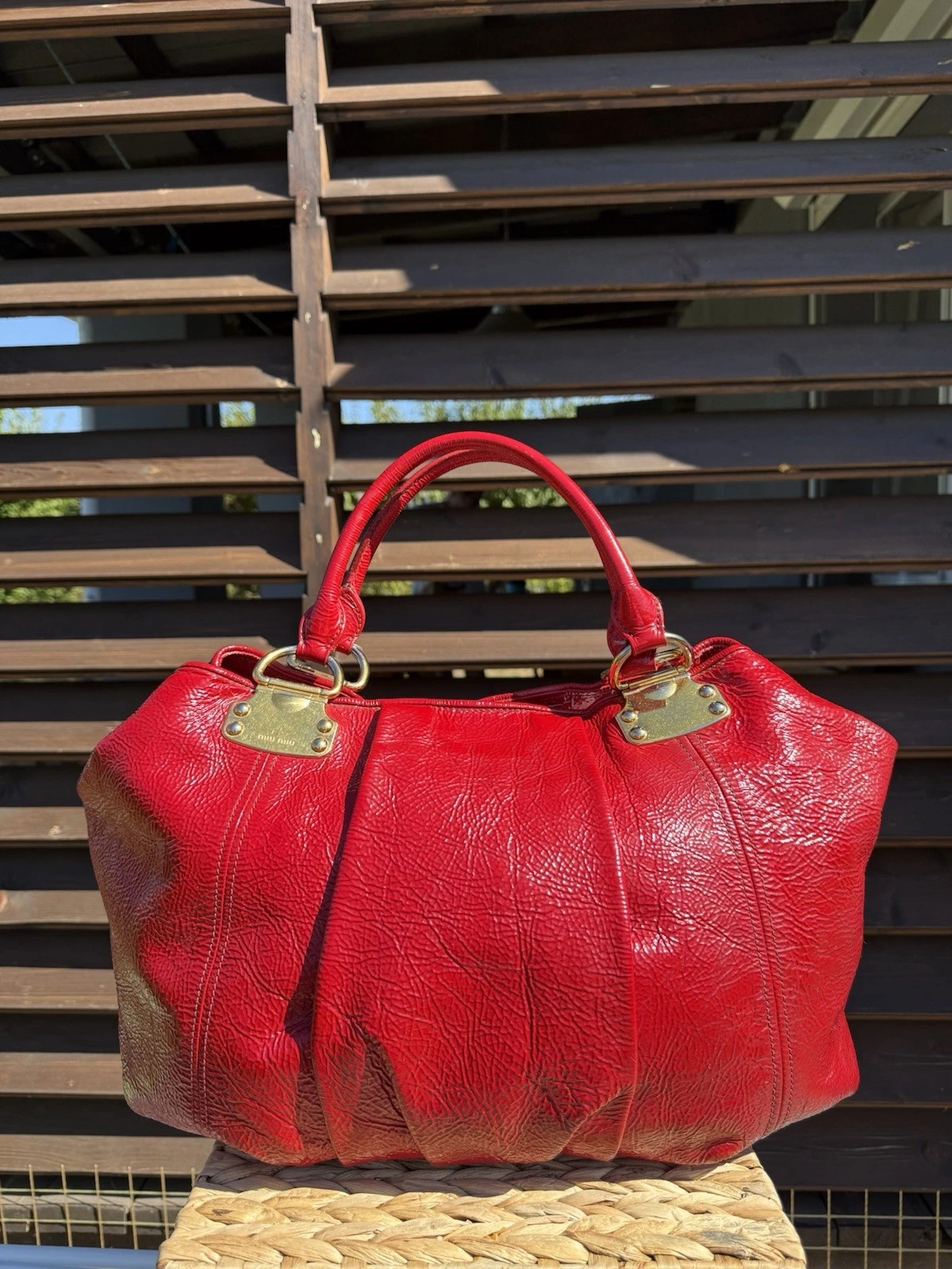 Miu Miu — Authentic Miu Miu Crinkle Patent Leather Tote Rosso Red HandBag NO FEES TO US!