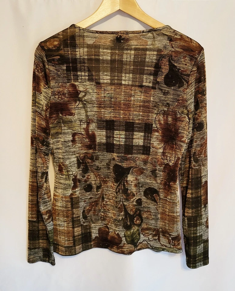 Blusa Vintage Anos 90 Whimsigoth Abstrata Paisley-Xadrez Manga Longa Decote V M Artística - Imagem 3 de 4