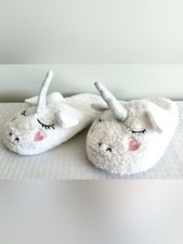 White Plush Unicorn Slippers Girls Kids Silver Horn 8  Sole Size 12/13 