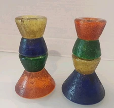 Pair of Post-Modern Multicolor Art Glass Candlesticks  W Sandpaper Texture -Read