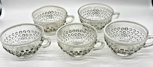 Anchor Hocking Moonstone Clear Opalescent Hobnail Tea Cups Set of 5 Vintage