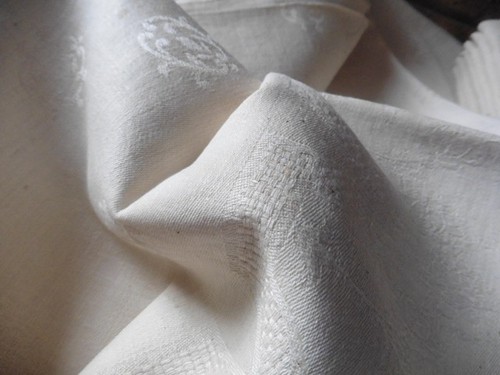 ANCIENNE NAPPE220X152 ET 12 SERVIETTES74X63 DAMASSE PUR LIN BEIGE OURLETS MAIN - Picture 6 of 7