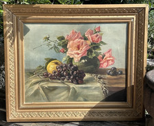Antico quadro con cornice dorata - Olio su tela - Vaso di rose e uva