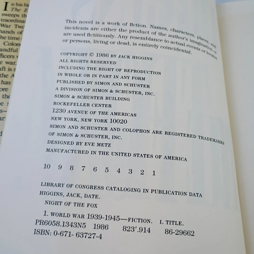 Night of the Fox by Jack Higgins 1986 Hardcover Simon and Schuster First Edition Foto 3 de 4