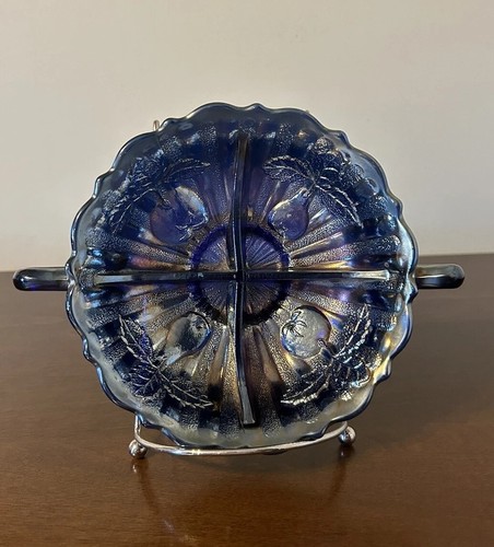 Scarce Antique Fenton Blue Carnival Glass Handled “Two Fruits” Divided Bon Bon - Picture 2 of 10
