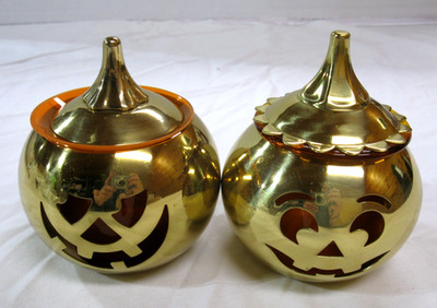 PartyLite Jill & Jack-O-Lantern Votive Holders Set Brass & Glass Halloween