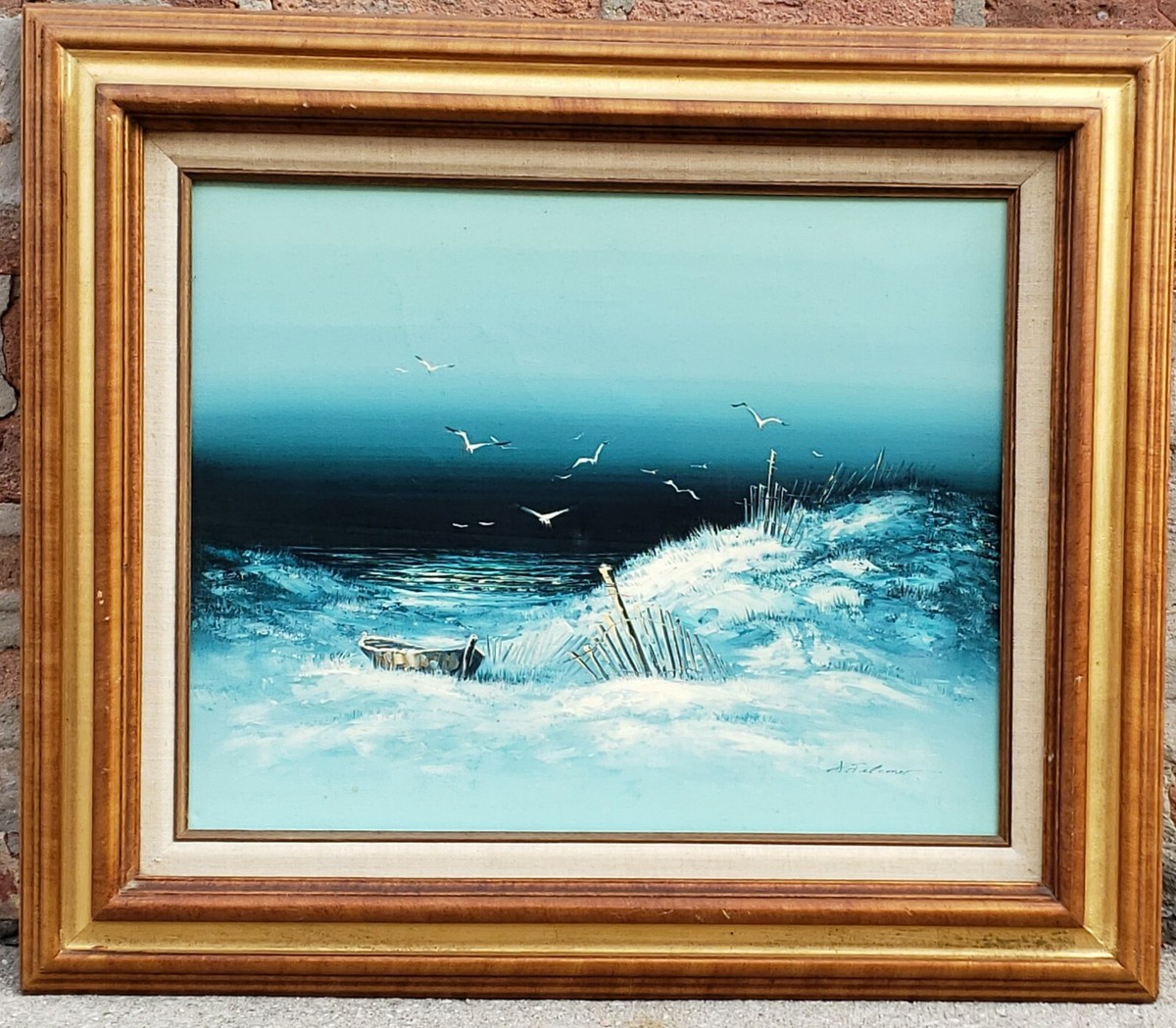 Vintage A. Falcone Signed Oil Painting large ocean, seagull27