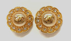 Auth Signed Chanel Earrings CC Faux Pearl  Crystal Yellow Gold Plate Clip on Vtg — photo 1