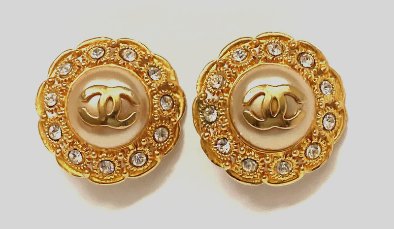Auth Signed Chanel Earrings CC Faux Pearl  Crystal Yellow Gold Plate Clip on Vtg